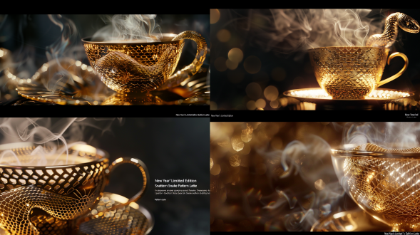 画面：鎏金咖啡杯特写，杯口蒸汽幻化成蛇形。特效：360℃环绕展示杯身蛇鳞纹路，字幕“新春限定 蛇纹拿铁”