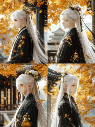 国漫高冷少年，侧颜，白色长发配玉冠，黑长衫暗金枫叶刺绣，背景金黄枫叶飘落古建筑，8k超清，cg风，侧光，细腻。