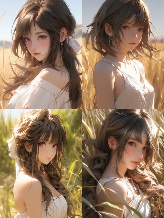 穿白色裙子女孩，置身草树间，直视观众，粉唇，闪亮肌肤头发，对角线构图，自然光，长焦，8k，超逼真，复杂细节。