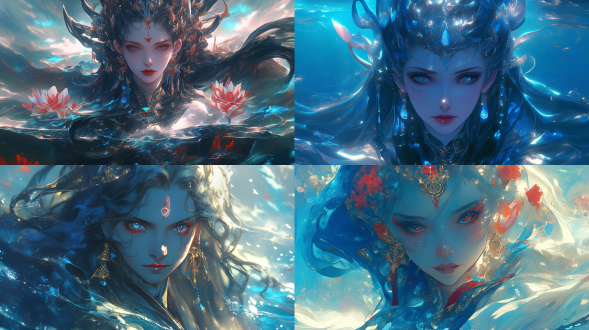 皇室女性海之女王湿婆，精致网红脸红唇深邃眼神，华丽头饰，海洋动态水波背景，花城，黄光剑风格，4k，冷暖对比，高光柔光，神秘氛围