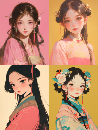 a gongbi painting of a 5 years old black long hair chinese qing dynasty girl wears pink hanfu, tangled jewelry, round face, extremely minimalism portrait, geometric shapes, matte light yellow background, in the style of crisp neo-pop illustrations, animated gifs, dolly kei, cartoon-like characters, close-up, head view, bold, cartoonish lithographs