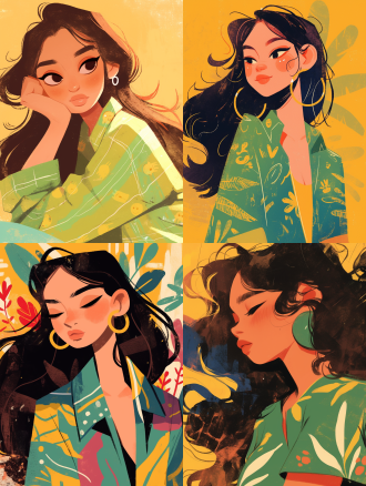 a cartoon illustration of a lady in a green shirt over art by mrs becca doodlefly, in the style of grunge beauty, sandara tang, mixed patterns, text and emoji installations, close up, charming character illustrations, folkloric