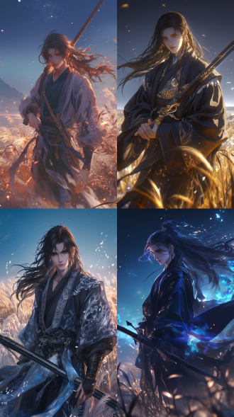 the man is 20 years old, with a chinese ancient style, black long hair, delicate features, fair skin, holding a long gun, facing the camera, with a starry night sky, grassland, in the center of the frame, wide-angle lens, dynamic blur, 8k resolution, captivating, detailed details, facing the camera, high contrast, warm tones, side lighting, tense, mysterious.,,in clothes