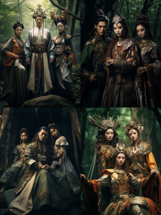 民间传说场景，三分构图，森林中，复古色调，长焦镜头，顶光，人物服饰古朴表情敬畏，含神秘元素，奇幻氛围。 中式服装