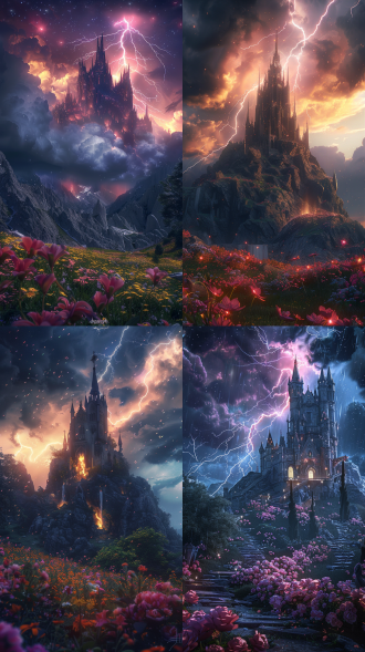 landscape photography by marc adamus,gorgeous and shining crystal palace thunder storm, lightning, cg rendering european style,overlooking fairy tale,flower surround,lighting effect, heavenly starry sky,super detail,illustration 8k,unreal engine,ethereal crystal cloud,octane render,unreal engine,ultra realistic fine details volumetric light, elden ring,radiating with power,trending on art station