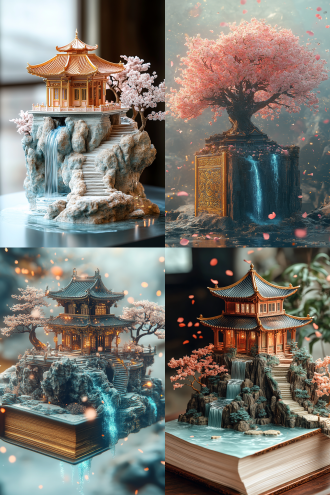 this stunning 3d book cover features a fantastical dreamlike island rising from the book’s surface in wasteland punk style. the island, designed as a classical chinese garden, boasts ornate pavilions, delicate stone bridges, cherry trees in bloom, and cascading waterfalls, all crafted in exquisite detail. the book’s aged, textured leather cover with embossed golden patterns frames the scene, seamlessly blending with the floating island. the island's base appears carved from the book, with glowing cracks of blue and gold energy running through its edges, giving the illusion of magical levitation. rim lighting highlights the contours of both the island and book, adding a luminous effect. in the background, a soft, blurred wasteland contrasts with the vibrant, ethereal island. subtle elements like drifting petals, glowing particles, and faint light rays heighten the fantastical atmosphere, merging dystopian punk with dreamlike fantasy.