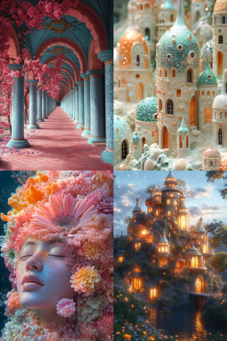 巴比伦空中花园、黄金王国、时间旅行者、三星堆muroll星族、伊凡·博吉迪舍夫、甜蜜乌托邦风格、多彩浪漫、添加马卡龙色彩、漫反射、超现实主义、闪闪发光