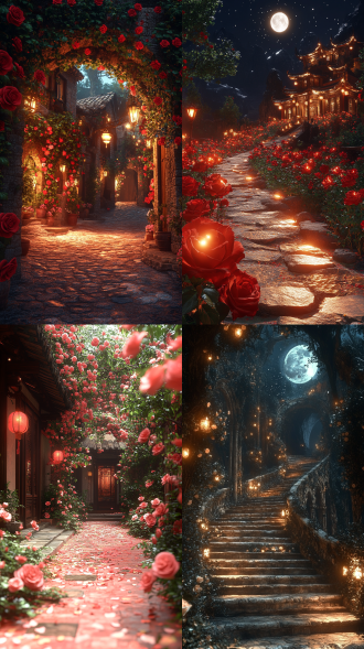magnificent ancient palaces, cg rendering chinese style, overlooking, mythology, fairyland, surrounde d by roses, rose path. rose bushes, clear and brig ht roses, lighting effects, dreams, starry sky, super details, illustrations, 16k unreal engine, ethereal clo uds. moon palace, hd 16k processing