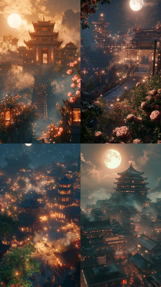 壮丽古代宫殿，中式cg渲染，俯瞰视角，神话仙境，玫瑰环绕，月宫殿，星空云雾，16k虚幻引擎，高对比度，暖光，梦幻氛围。