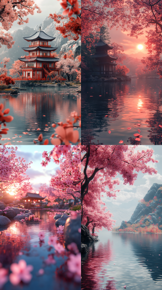 a ultra-realistic cg rendering of ancient japan,lake,serene landscape, cherry blossom forest,by ivan aivazovsky,in volumetric lighting, trending on artstation