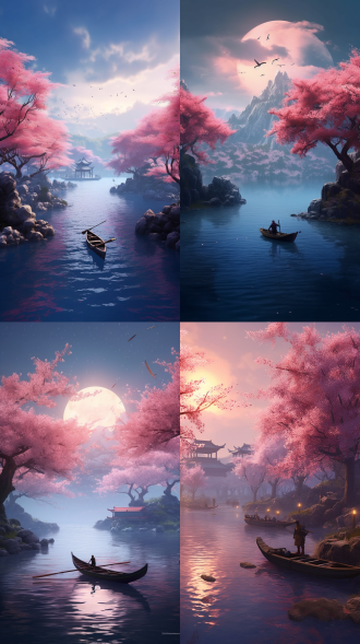 a ultra-realistic cg rendering of ancient japan,lake,serene landscape, cherry blossom forest,by ivan aivazovsky,in volumetric lighting, trending on artstation