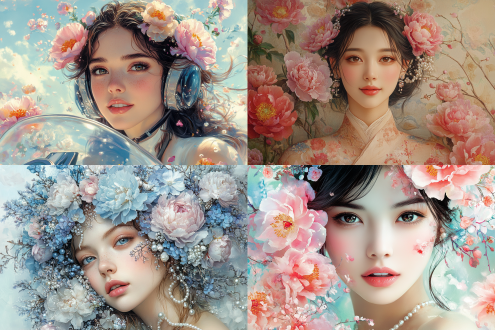 a with a mona lisa-like smile on her face beautiful woman with peonies of different sizes in her hair, surrounded by colorful flowers and pearls, in the style of a watercolor painting. the soft pastel colors create a dreamy atmosphere, with detailed facial features and elegant adorned with intricate floral patterns. the delicate brushstrokes reflect a traditional influence of chinese art.