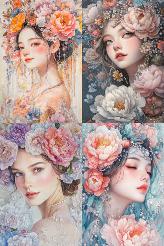 a with a mona lisa-like smile on her face beautiful woman with peonies of different sizes in her hair, surrounded by colorful flowers and pearls, in the style of a watercolor painting. the soft pastel colors create a dreamy atmosphere, with detailed facial features and elegant adorned with intricate floral patterns. the delicate brushstrokes reflect a traditional influence of chinese art.