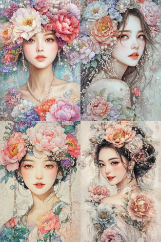 a with a mona lisa-like smile on her face beautiful woman with peonies of different sizes in her hair, surrounded by colorful flowers and pearls, in the style of a watercolor painting. the soft pastel colors create a dreamy atmosphere, with detailed facial features and elegant adorned with intricate floral patterns. the delicate brushstrokes reflect a traditional influence of chinese art.