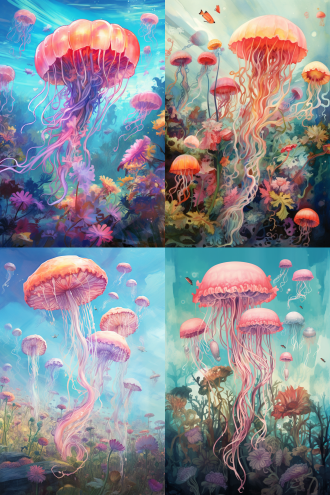 水母上面插满鲜花，漂浮在半空中，旁边有蝴蝶围绕，地面有青草，野花，唯美，梦幻，以粉蓝色调为主，绿色，白色为辅