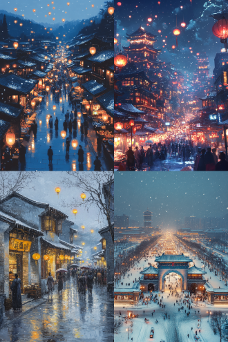古风城市夜景，传统中式建筑，深蓝色屋顶，暖黄色灯光，孔明灯飘飞，热闹市集，人群熙攘，薄雪覆盖，油画质感，暖黄与蓝紫色调交织，营造温馨梦幻氛围。