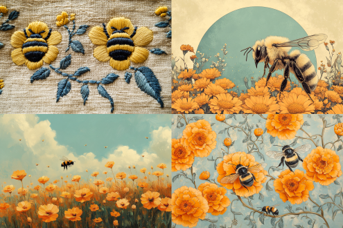 蜜蜂融入春花曼陀罗，将复杂的图案与盛开的花朵相结合。采用柔和的黄油黄和天蓝色调，创造出和谐而精致的设计。