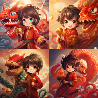 design an illustration for a "happy new year" red envelope cover. the design should include a cute snake baby wearing traditional attire, holding its tail, performing a lion dance on a golden scale. the background should be decorated with clouds to create a festive atmosphere. the style should blend anime, pixar, and traditional chinese elements, capturing the joyful and celebratory mood.