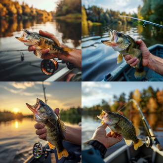 湖边路亚艇上，手抓鲈鱼鱼嘴，手小突出鱼，旁边有奖杯鱼竿，三分构图，自然风，长焦，侧逆光，清晰，兴奋。