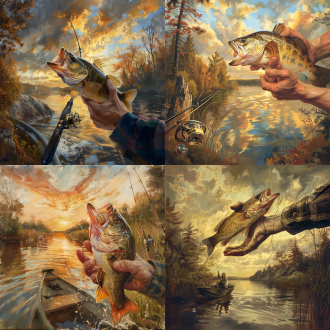 抓鲈鱼鱼嘴的手，鱼大过手臂，手小，湖边，奖杯、路亚艇、鱼竿入镜，三分法构图，侧光，暖色调，兴奋。