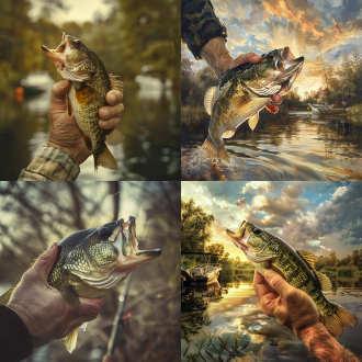 抓鲈鱼鱼嘴的手，鱼大过手臂，手小，湖边有奖杯、路亚艇和鱼竿，三分法构图，冷色调，长焦镜头，逆光，特写，兴奋。