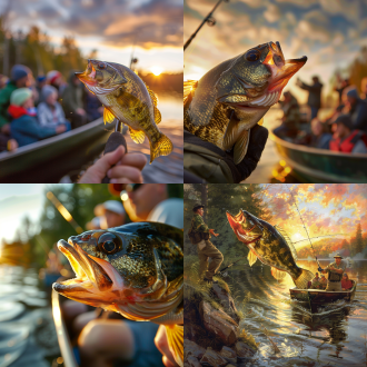 抓鲈鱼头手，鱼居中心突出，湖边路亚艇旁，奖杯鱼竿，人群欢呼，三分构图，暖光，长焦，兴奋，金黄绿配色。