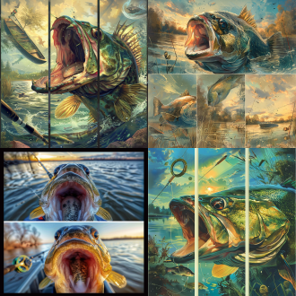 手抓鲈鱼鱼嘴，三分法构图，湖边，奖杯、路亚艇、鱼竿点缀，暖光，长焦镜头，大光圈，兴奋表情，蓝绿配色。