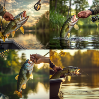 抓鲈鱼鱼嘴的手，居中构图，湖边，暖光，长焦镜头，大光圈，鱼、奖杯、路亚艇、鱼竿，兴奋，蓝绿主调。