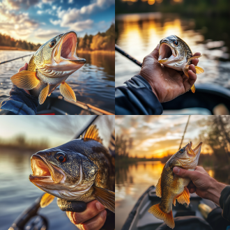 抓鲈鱼手，居中构图，高饱和，湖边，长焦镜头，顶光，静态，奖杯、路亚艇、鱼竿，快乐神情。