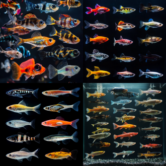 路亚鱼种大集合，对称布局，水族馆环境，冷色调，微距镜头，顶光，清晰，多样鱼种，惊奇。