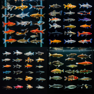 路亚鱼种大集合，对称布局，玻璃鱼缸，冷色调，微距镜头，顶光，静止，清晰，震撼。