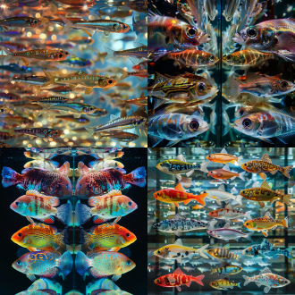 路亚鱼种大集合，对称布局，水族箱内，冷色调，微距镜头，顶光，清晰，鲜活，丰富色彩，惊叹。