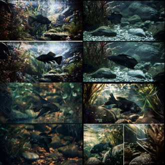 黑鱼在水下溪流穿梭，周围有岩石水草，三分法布局，冷色调，微距镜头，顶光，慢快门，游动，神秘。