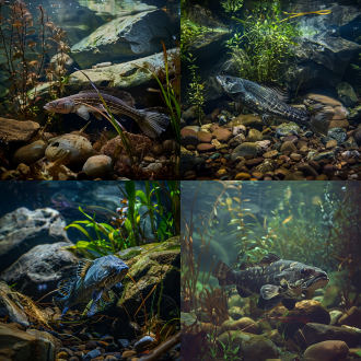 乌鳢游于水下溪流，周围有岩石水草，三分构图，冷色调，微距镜头，顶光，慢快门，游动，宁静。