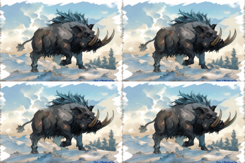 山海经异兽设计草图，野猪的基础造型，粗大的獠牙，白色背景，线图勾勒角色特征比例作为设计的基础3d显示效果，使用鲜艳的白色、红色、金色和蓝色配色方案，局部添加一些颜色。