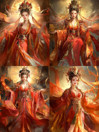中国风格女神，身穿红色衣服，头上中式传统发髻，姿态优美挺拔。简约构图，3d显示，局部上色，8k完美细节，广角，强光，锐利，震撼，威严。