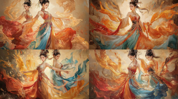 中国风格三位女神穿不同的短裙各自摆出造型，神话场景，三分法构图，绚丽色彩，，壁画、油画、丙烯、大笔触，逆光，特写镜头，动态感，漂亮端庄神态。
