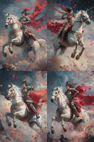 女将高兰英骑乘白色骏马身穿护甲，头顶沙巾腰系短裙，手拿宽刃战刀，身边桃花花瓣飞舞跃马出场，神话场景，三分法构图，绚丽色彩，壁画、油画、丙烯、大笔触，逆光，特写镜头，动态感，英勇神态。