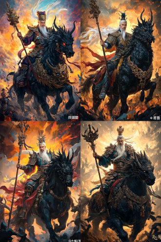 闻太师跨坐墨麒麟手拿大方锏，目光凶狠杀气腾腾，神话场景，三分法构图，绚丽色彩，壁画、油画、丙烯、大笔触，逆光，特写镜头，动态感，英勇神态。