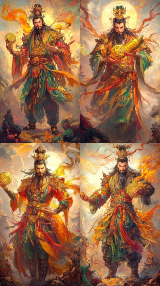 中国魔幻风格，男性神话人物，红色皮肤，身穿布衣，眼睛很大，身材微胖，手里拿着黄金元宝。全身像，神话场景，全身构图，背景虚化明亮富贵，绚丽色彩、油画质感、丙烯、大笔触，逆光，压迫感很强，庄重神态。