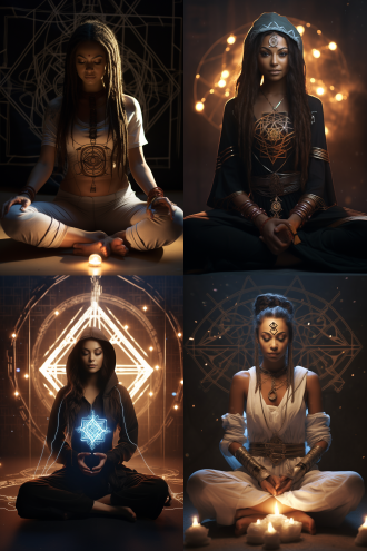 一个美女穿着舒适的衣服，盘坐在地上，背后散发着六芒星和智慧的光芒，漂亮的眼睛，宁静，神秘，疗愈，萨满文化，民族风的耳环，3d，赛博朋克，未来感，科技感