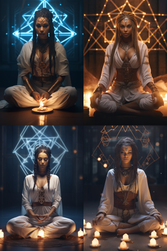 一个美女穿着舒适的衣服，盘坐在地上，背后散发着六芒星和智慧的光芒，漂亮的眼睛，宁静，神秘，疗愈，萨满文化，民族风的耳环，3d，赛博朋克，未来感，科技感