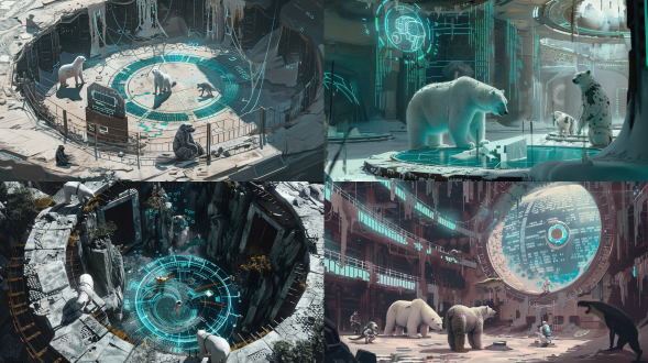 a bio-techpunk zoo in circular panopticon structure,青灰色基调与霓虹蓝神经光束交织,半透明全息北极熊与沙漠骆驼站在锈蚀条形码舱门上,猩猩手持溢出二进制代码的破碎平板,鹦鹉指挥由电缆组成的猴子乐队,海豚悬浮在缠绕数据流的干涸水池,孔雀尾羽化为像素监控屏幕重复开屏,鳄鱼眼眶滴落液态晶体至吞噬钙片的漩涡,铁笼生长荧光神经脉络,人类手掌指纹与锈斑融合成基因序列,阴影倒流回收缩的瞳孔,天空布满蜂窝状滤镜