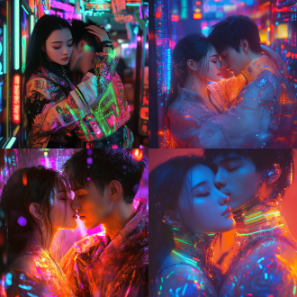 荆韶晞楠玥樱量子之恋，赛博朋克与新石器时代碰撞，超维度，中心构图，霓虹暖冷色，长焦，顶光，相拥，科幻神秘氛围。