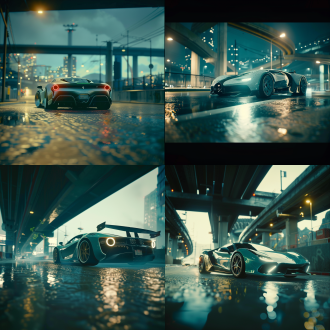 酷炫超跑街拍，三分法构图，城市街道冷色调，长焦镜头侧逆光，光影质感，真实场景，动感十足。