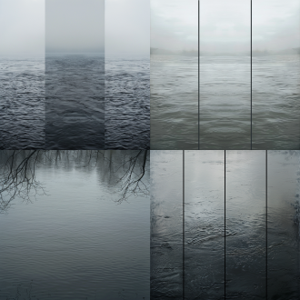 泛灰河水，三分法构图，阴天环境，冷色调，长焦镜头，顶光，平静水面，忧郁氛围。