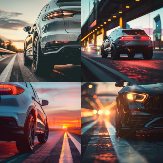 suv底盘高度跑车，三分法构图，工业风，公路上，冷色调，长焦镜头，逆光，静止，科技感，震撼。