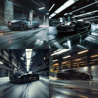 高底盘跑车，三分法构图，工业风车库，冷色调，长焦镜头，顶光，动态模糊，飞驰，酷炫。