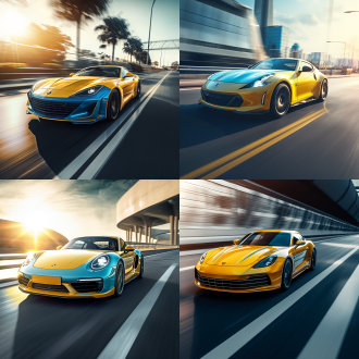 超高底盘跑车跨越减速带，三分法构图，公路场景，冷色调，长焦镜头，动态清晰，正常行驶，侧光，暖黄与冷蓝对比，平稳。