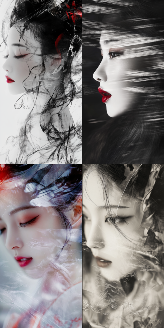 温婉东方美人特写半身，中式氛围，多重曝光，高纯度撞色搭黑白，模糊效果，复杂光影，朦胧混沌之梦，怪诞抽象极简。